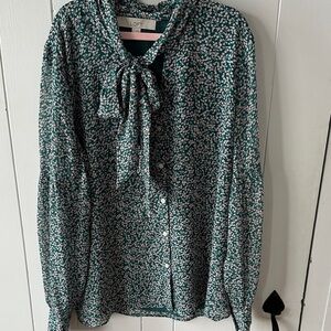 LOFT Teal Floral Blouse with Bow